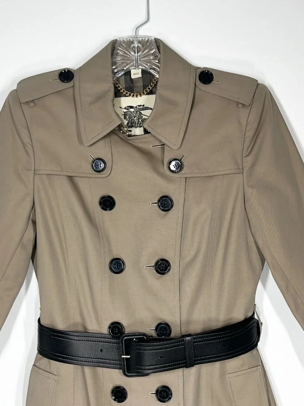 BURBERRY Beige and Black Leather Trim Women' Classic Trench Coat Size US 8 - Picture 3 of 13